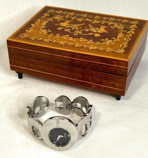 Sekskby Sekonda Ladies Watch in Wooden Inlaid Jewelry Box with Key Wind Music