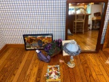 Large Framed Mirror, Small Table Lamp and Room Decor