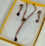 Beautiful Amethyst...& Gold Toned Pendant Necklace and Drop Earrings Gift Set in Box