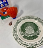 Vintage & Retired Chief Wahoo Pin, Mitt Decanter & Cleveland Indians Stadium Commutative Plate