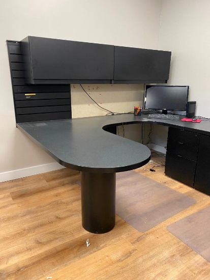 Executive Office Desk with Island, Overhead Storage Cabinets and Credenza