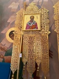 Brass Orthodox Processional Church Banner with St Nicholas Icon