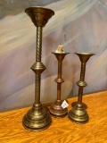 3 X Ornate Brass Candlesticks