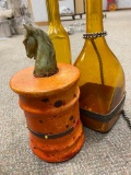 2 Amber Colored Bottles and Equestrian Leather Horse Head Canister