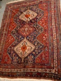 Red and Navy Wool Vintage Persian Rug with 3 Center Diamonds