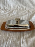 Mid-century modern walnut and chrome Kromex butter dish