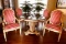 Custom Ecker-Shane Carved Wood Double Pedestal Dining Table with Upholstered Chairs & Leaves