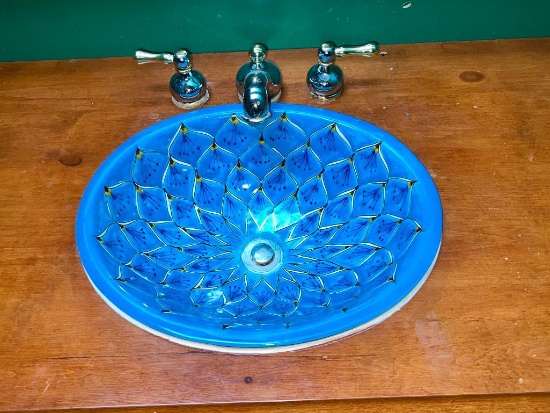 One of a Kind Mexican Talavera Sink with Chrome and Brass Faucet