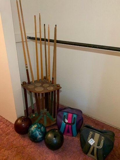 Pool Stick and Holder With Bowling Balls and Bags