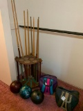 Pool Stick and Holder With Bowling Balls and Bags