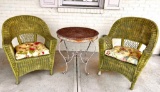 2 Wicker Chairs with Seat Cushions & Rattan Table with Metal Base