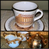 VERY RARE PH Leonard Porcelain Hand Painted Gold & Ivory Creamer & Sugar & 24K Gold Cup & Saucer