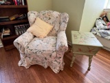 Slip Covered Wingback Chair with Hand Painted Dough Boy Box Table with Turned Legs