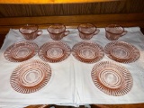 Collection of Pink Depression Glass Plates, Saucer & Tea Cups - Hobnail, Queen Anne, Cherry Blossom