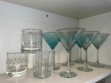 Set of 6 Blue Martini Glasses and 3 Mikasa Double Old Fashioned Rocks Glasses... Cheers!