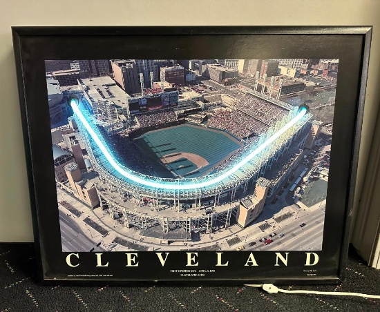 Framed April 4, '94 Cleveland Opening Day Print with Neon Light