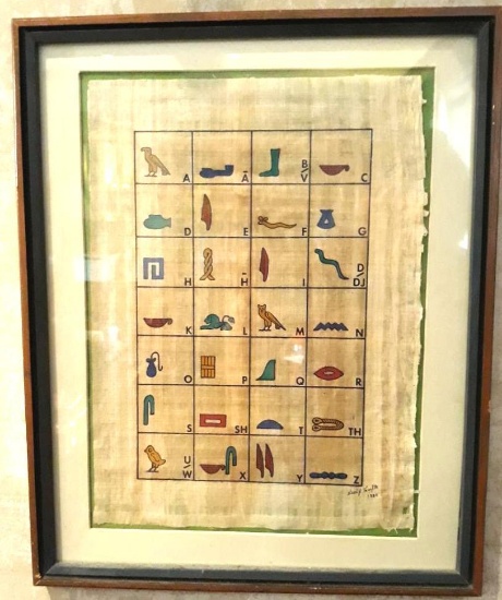 Hieroglyphic Alphabet Hand Painted on Papyrus - Framed in Glass