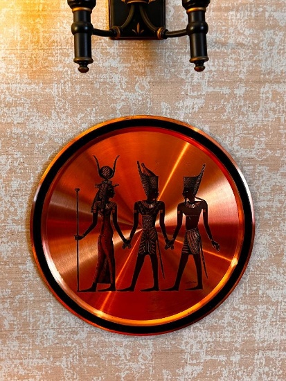 Egyptian Vintage Revival Copper Wall Art - Anubis and Pharaoh on Throne Being Fanned - Signed