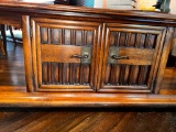 Vintage Solid Wood Indonesian Inspired Coffee Table with Glass Inserts and Brass Hardware