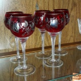 Vintage Crimson Bohemian Twisted Stem Wine Glasses Etched and Trimmed in 24k Gold - Set of 5