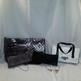 4 Evening Handbags - Black Quilted Tote, White Leather Handbag with Pewter & Black Satin Clutches