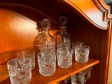 Vintage Waterford Lismore Crystal Spirit Decanters with Multi Cut Stoppers & 8 Whiskey Glasses