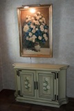 Grand Millennial Credenza with Illuminated R. Colao Daisies & Cornflowers Bouquet Vase Artwork -
