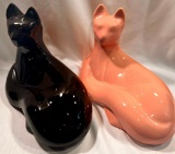 2 Postmodern Haeger Vintage Black & Pink Ceramic Lounging Cat Sculptures with Original Tag
