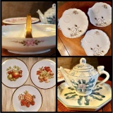 Rare Mid Century Porcelain & Art Deco English and Bavarian China Plates, Teapot & Gilted Basket
