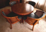Vintage Wood Expandable Den or Dining Table with 4 Mobile Leather & Rattan Club Chairs