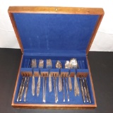 Oneida Community Silver Plate Flatware in Blue Velvet Lined Wood Box