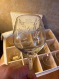 12 Long Stem Romanian Etched Floral Cut Hand Blown Wine Glasses in Storage Case from Toscani Romania