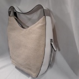 Alfani White & Tan Linen Hobo Tote Bag with Magnetic Snap & Silver Closure - New with Tags