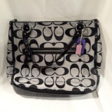 Coach Hallie Signature Poppy Black & Gray Metallic Handbag with Charm Tags