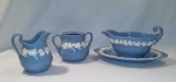 Wedgwood Queensware Embossed Cream On Lavender Blue Creamer, Sugar Pot & Gravy Boat with Underplate