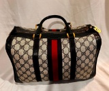 Rare Vintage Gucci Ophidia Monogrammed Brown Canvas Leather...Boston Bag in Navy - Made in Italy