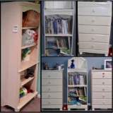 2 X Wooden 5 Drawer Dressers, Book Hutch & Tall Book Case with Adjustable Shelves