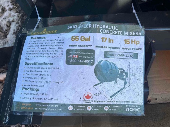 NEW LandHonor Skid Steer Hydraulic Concrete/Mortar Mixer Skidloader Attachment