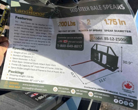 NEW LandHonor Skid Steer Bale Spear Attachment