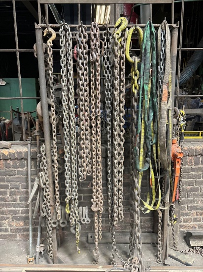 Rack of Miscellaneous Chains, Hooks, Chain Hoists and Rigging Straps
