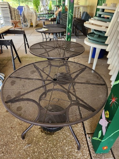 (2) Matching 42" Hampton Bay Round Metal Outdoor Patio Tables w/ Umbrella Bases (located off-site,