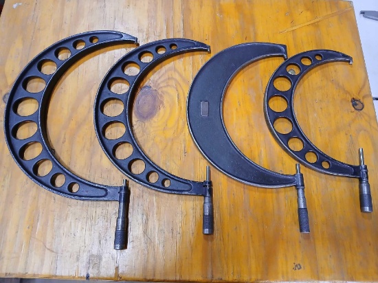 Lot of 4 Larger Micrometers with Starrett Wood Storage Box