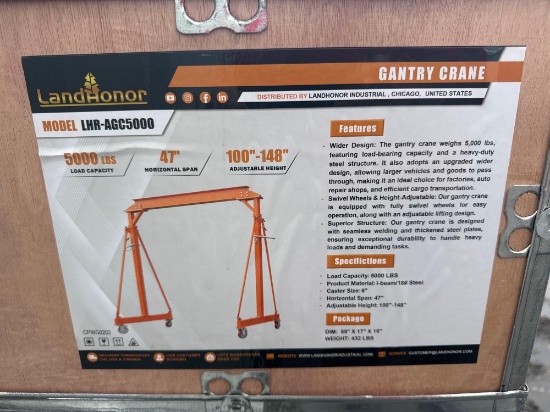 New LandHonor Co 5000lb Gantry Crane Model LHR-AGC5000