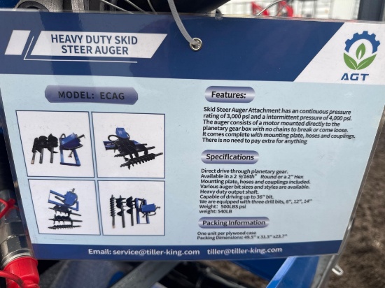 New AGT Co Hydraulic Skidloader Auger Set Model ECAG w/ 6,12,14in Bits