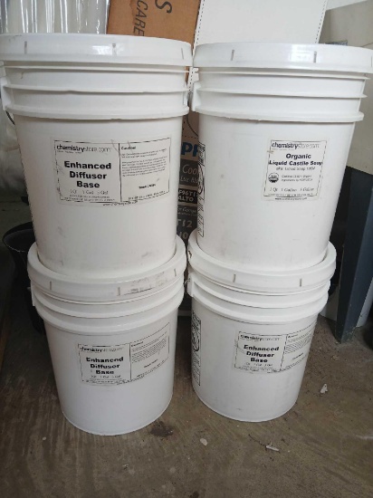 QTY 4 NEW 5Gal Containers of Enhanced Diffuser Base(3) & (1) Organic Liquid Castile Soap