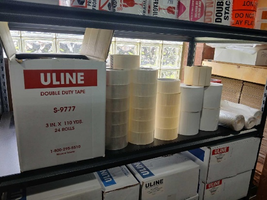 Shelf Lot of Uline Packing Tape. Lables. Thin Masking Tape and Rolls Of 10gal Trash Bags