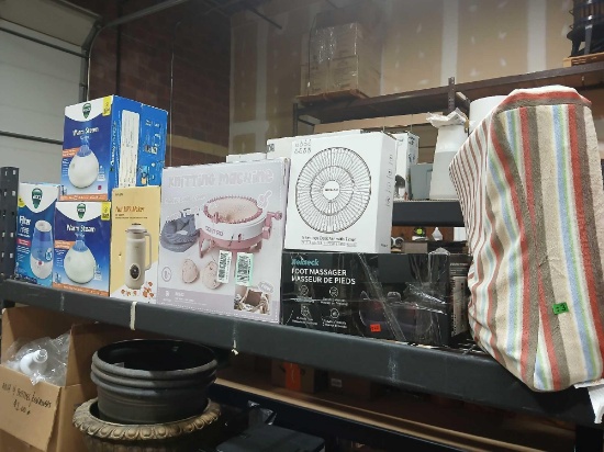 Shelf Lot of Vicks Vaporizer. Knitting Machine. Fan Foot Massager