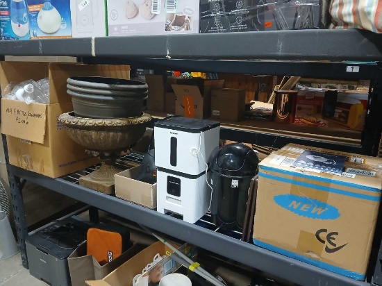 Shelf Lot of Flower Pots. bike Parts. Auto Pet Feeder. Plastic Bottles