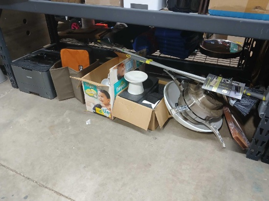 Floor Lot Of Printer. Glassware. Broom Set. Ceiling Fan