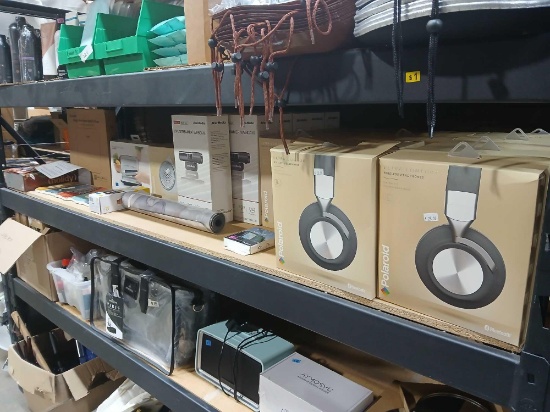 Shelf Lot of wireless Headphones. Live Stream Cameras. Digital Scale. See Photos